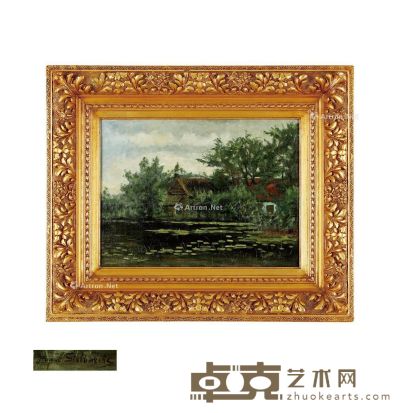 19至20世纪 湖边绿景 木板油画 高57cm；宽68cm