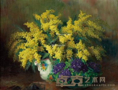 19至20世纪 刺球花与绣球花 布面油画 高73cm；宽82cm