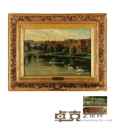 19至20世纪 天鹅湖景 布面油画 高80cm；宽100cm