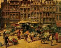 19至20世纪 布鲁塞尔大广场花市 布面油画