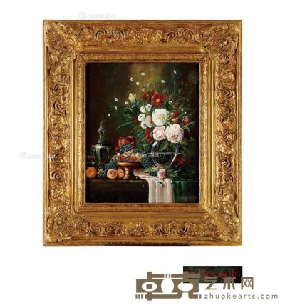 19世纪 鲜花与水果 布面油画 高87cm；宽77cm