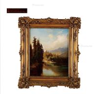 19世纪 阿尔卑斯山下的垂钓者 布面油画