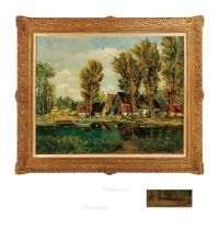 19至20世纪 湖边绿景 布面油画