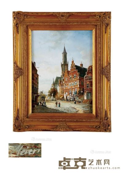 19至20世纪 荷兰小镇 木板油画 高55cm；宽46cm
