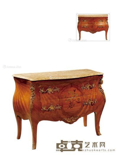 19世纪制 法国路易十五风格理石椴木边柜 长115cm；宽50cm；高90cm