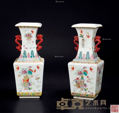 民国 粉彩博古四方花瓶 高28cm；直径9cm