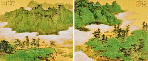 春山云起 溪山平远泥金青绿山水 （二件） 连框