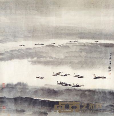 丁观加 渔舟图 79×79cm