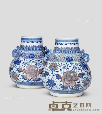 清 青花釉里红牡丹纹鹿头尊 （一对） 高46cm