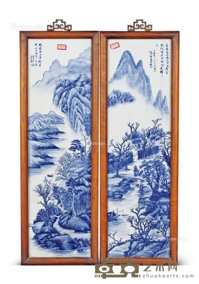 民国 青花山水纹瓷板对屏 75×22cm×2