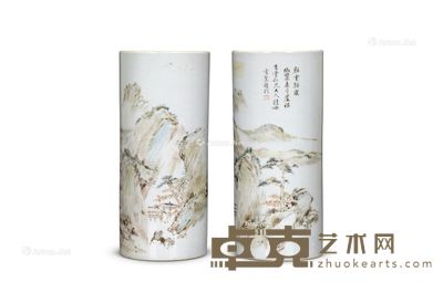 浅绛彩山水纹帽筒 （一对） 高28cm