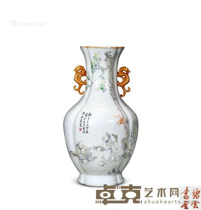 浅绛彩人物花鸟纹海棠瓶 高：41cm