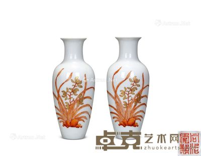 清 矾红描金花卉纹观音瓶 （一对） 高14cm