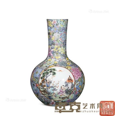 民国 粉彩百花不落地开光人物纹天球瓶 高41cm