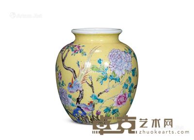 清中期 黄釉粉彩花鸟纹罐 高24cm