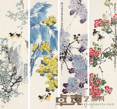 裴文奎 花鸟 134×35cm×4