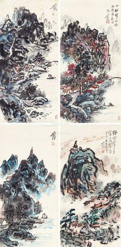 圆霖法师 山水 四屏