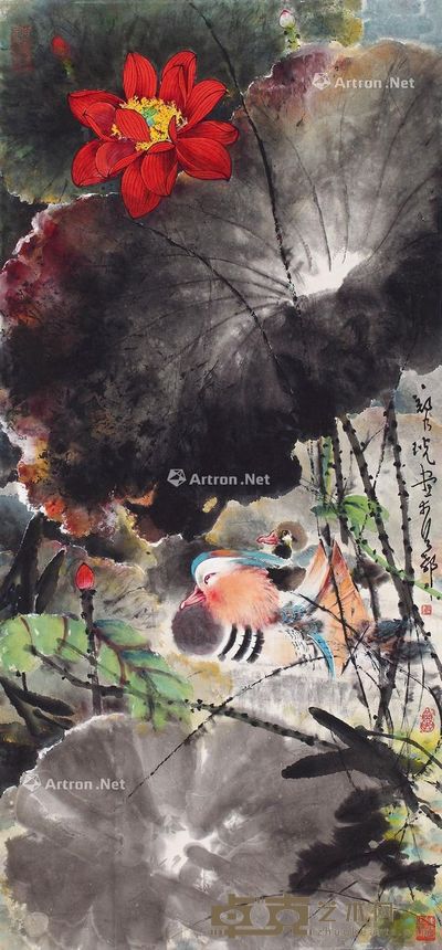 郑乃珖 荷花鸳鸯 95.5×44.5cm