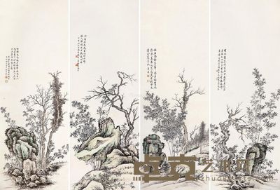 楼辛壶 山水 111×41cm×4