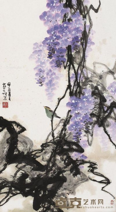 蔡大雄 紫藤小鸟 104×56cm