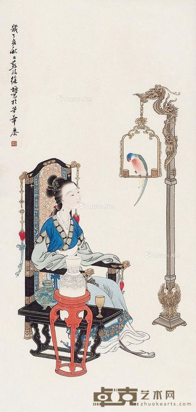 徐操 鹦鹉仕女 76×36cm