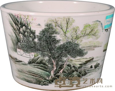 民国 青绿山水纹花盆 H：14cm D：21cm