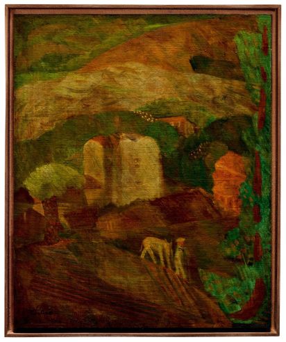 约1930年代末作 有驴子与房子的风景 油彩 画布