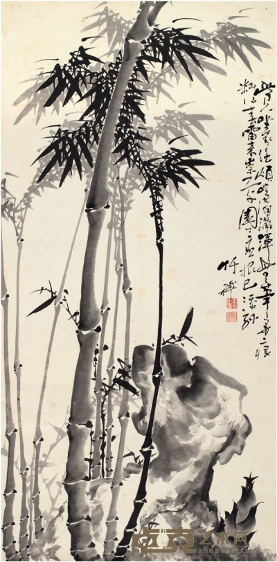 竹禅 竹石图 132×65cm