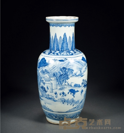 清 青花渔樵耕读图棒槌瓶 高44.8cm