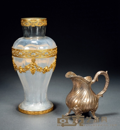 玻璃包铜花瓶及银茶具 （一组两件） 茶具高10cm；重191g；花瓶高24cm；口径6.5cm