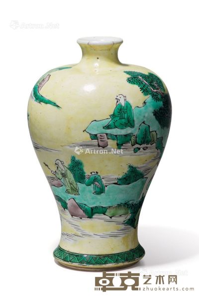 清康熙 素三彩山水人物纹梅瓶 高17.7cm