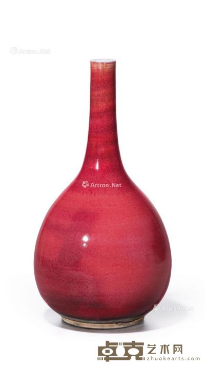 清康熙 红釉直颈瓶 高35.8cm