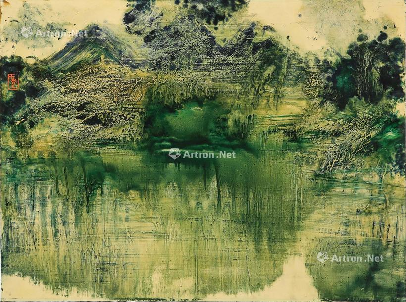 1985年作 泼漆山水 装框 漆、画板