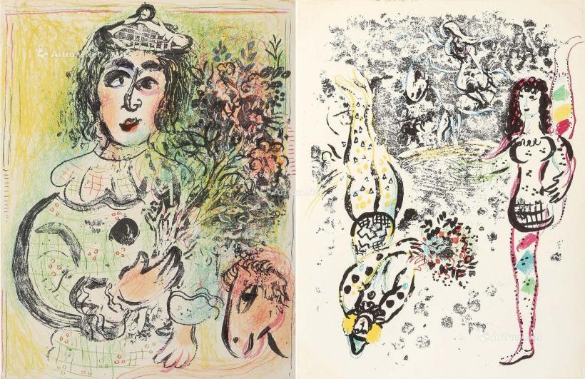 各1963年作 （1）手拿花束的皮耶罗 （2）嬉戏的杂技演员　2点 装框 石版画