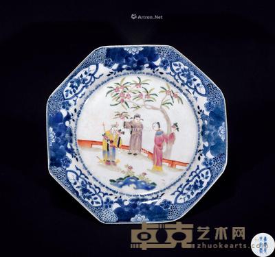 青花开光粉彩人物八角盘 直径25.5cm