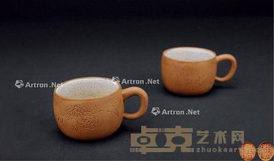 民国 段泥白釉 刻绘对杯 高3cm