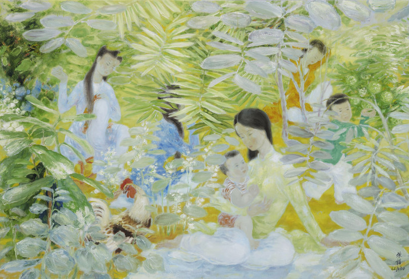 女子与小孩 油画画布