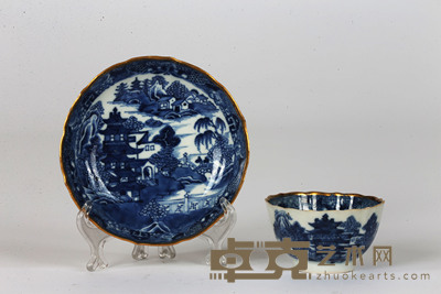 清中期 青花山水楼阁图杯盘一套(2件) 直径:9cm、14cm