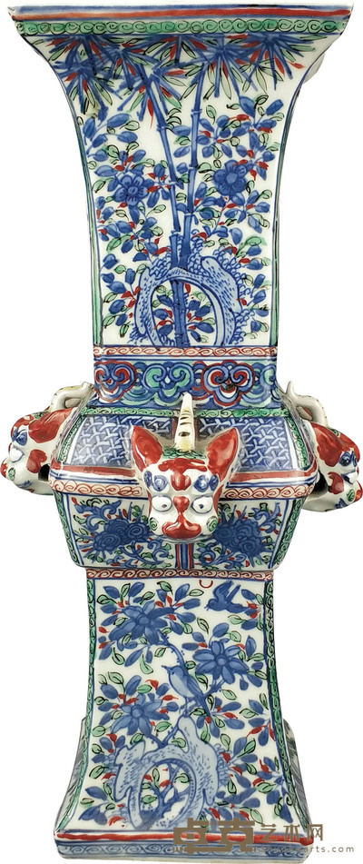 明·万历青花加彩兽头尊 H：37cm
