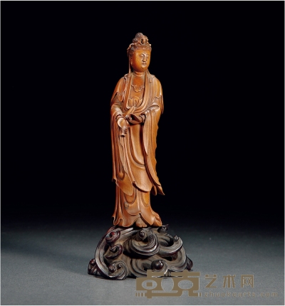 清·檀香木雕持瓶观音菩萨像 带座高：18.6cm 