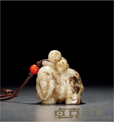 清·白玉雕童子洗象摆件 高：5.5cm