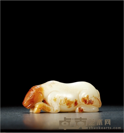 明-清·白玉红沁卧马把件 高：3.5cm 长：9cm