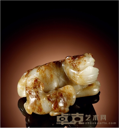 清·白玉雕双狮把件 高：3.6cm 长：8.1cm