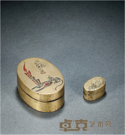 近代·白石老人画墨盒及山水纹墨盒 1. 高：1.8cm 长：3cm 宽：1.8cm 
2. 高：3.1cm 长：7.8cm 宽：5.2cm