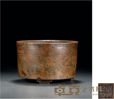 晚明·卿云制造款铜弦纹筒式炉 高：8.5cm 口径：13.3cm 重：1839g