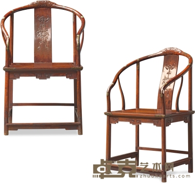 清·红木福寿纹圈椅一对 高：98cm 长：58cm 宽：54cm