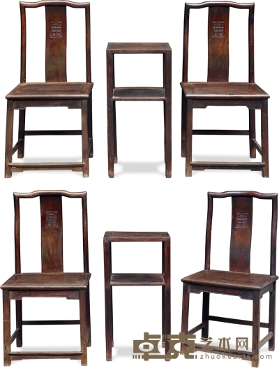清·红木靠背椅及茶几一组六件 1.茶几高：79.6cm 长：41.2cm 宽：30.5cm
2.椅高：106cm 长：52cm 宽：41.6cm