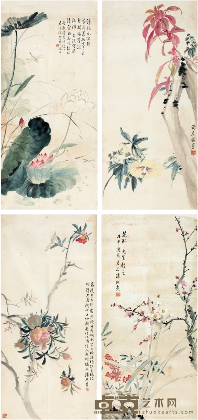 潘君诺  花卉四屏 78×36 cm×4