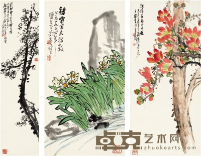 曹简楼  红棉花·水仙·墨梅 96.5×44.5cm 67×34.5cm 85.5×21.5cm