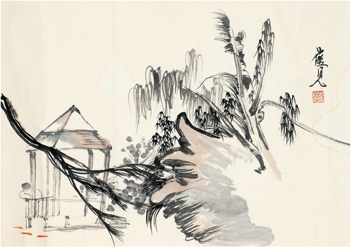 崔见  山间观鱼图